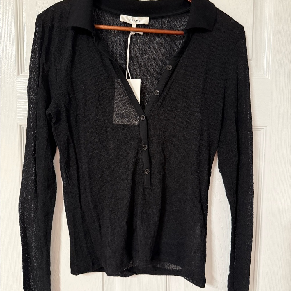 New Frame Black Fitted Long Sleeve Polo Button Down Shirt